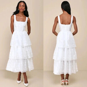Lulus Sweet Potential White Floral Burnout Bustier Tiered Midi Dress L Wedding